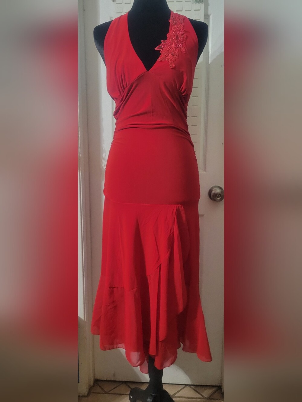 Vintage Body Central Red V-Neck Hankerchief Dress with Beaded Applique Size Med